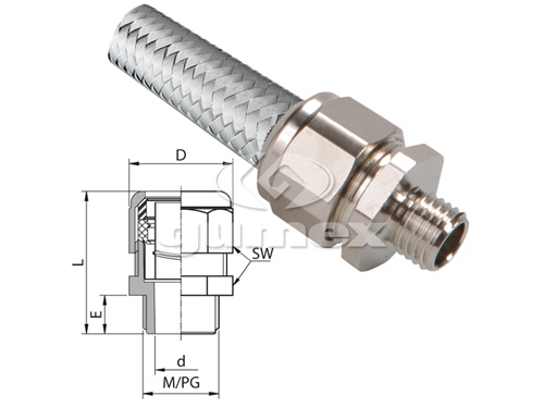 Konektor AUM 159M pre chráničky MeC ST 103/CU 146, vonkajší závit M25x1,5, rozmer koncovky 27mm, IP67, -10°C/+110°C, poniklovaná mosadz